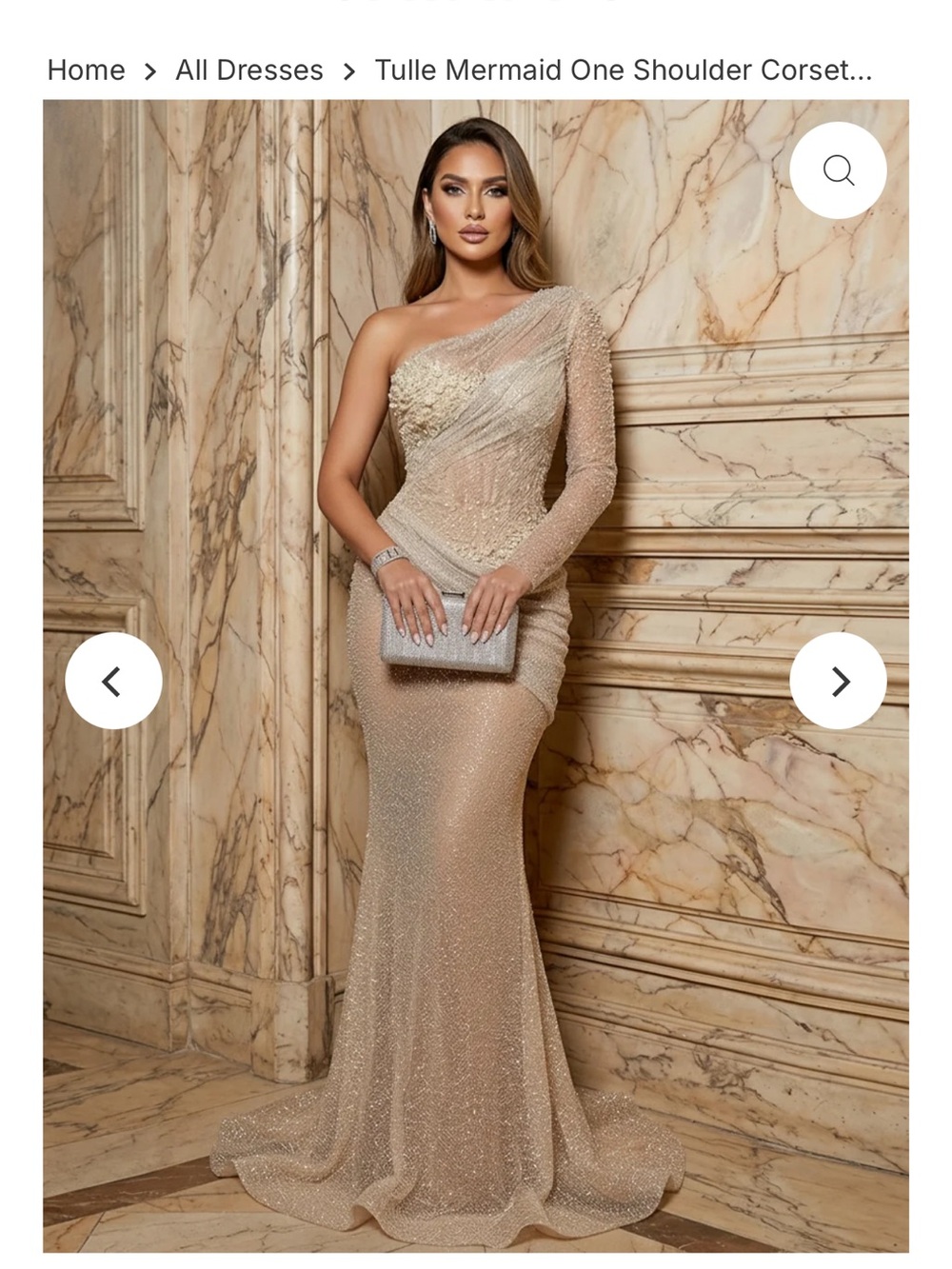 One-Shoulder Glitter Tulle Mermaid Gown in Champagne